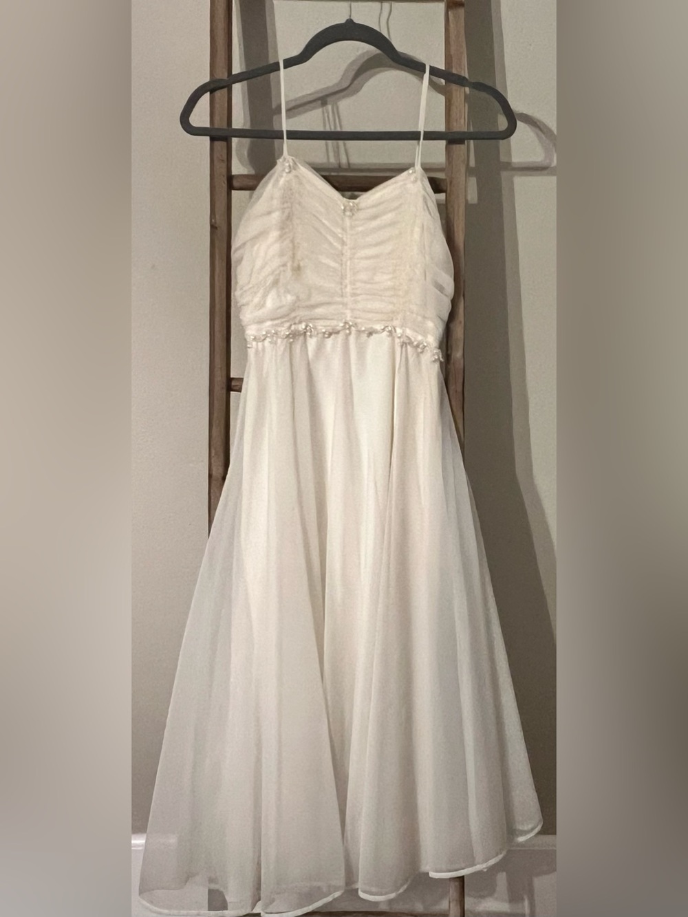 Vintage 70s Nadine Elegant Cream Chiffon Formal Dress with Beaded Waist